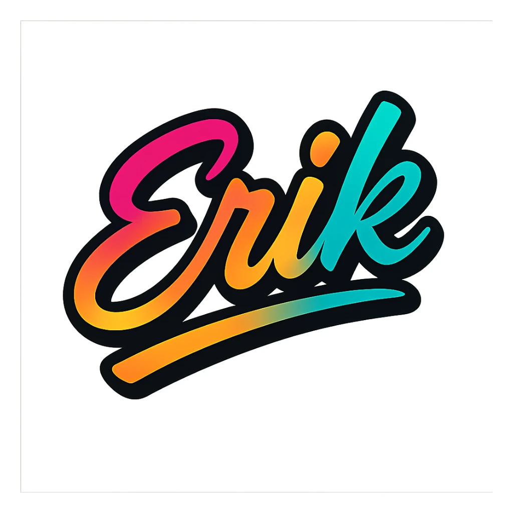 The name Erik in a modern, colorful gradient font with a dark outline, on a transparent background, with the name underlined or partially underlined with a dynamic, slanted underline, in the style of the sample images. sticker