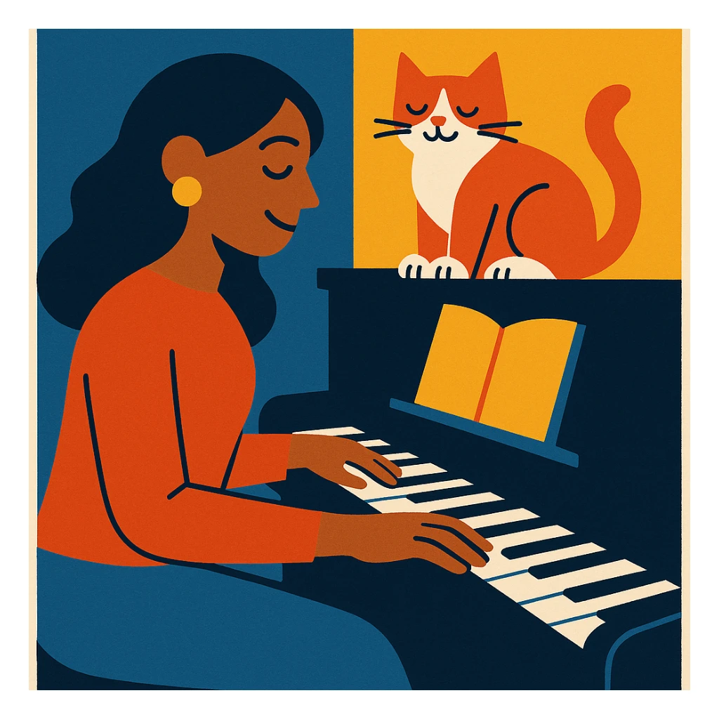 woman playing piano while her cat sits on top of the piano sticker