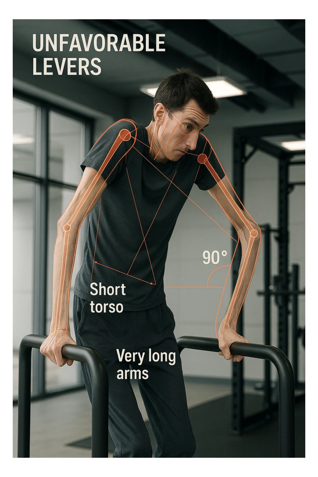 a tall, lean man with very long arms and a short torso attempts a dip on parallel bars. His elbows are deeply bent and his body appears awkwardly positioned, highlighting the mechanical disadvantage. An overlay shows anatomical lines and angles, with labels explaining “unfavorable levers.” The background is a modern gym, with a focus on biomechanics. sticker