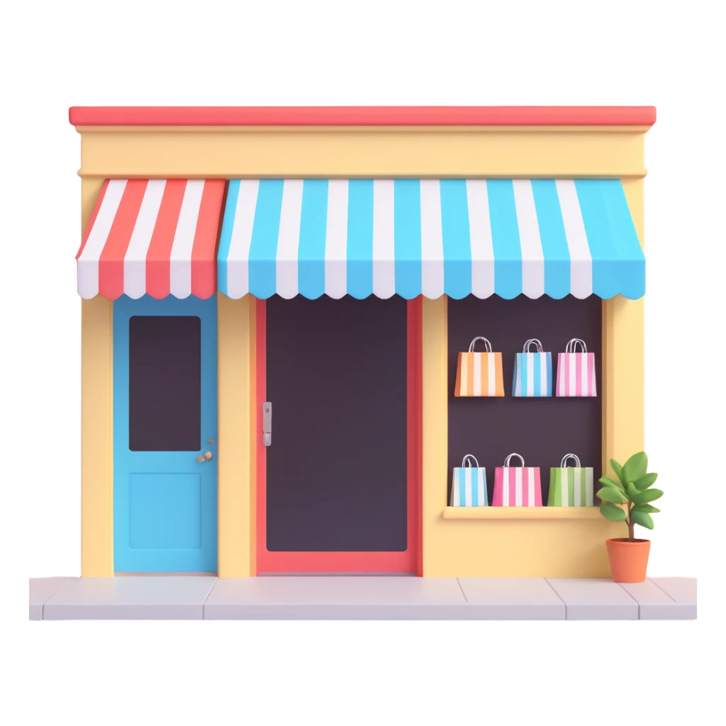 friendly storefront with striped awning and shopping bags at the entrance, pastel colors sticker