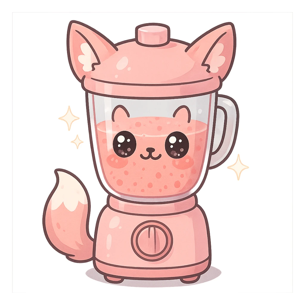 full-body kawaii pastel pink blender with fox features, transparent body filled with fruity smoothie, sparkling eyes, transparent background sticker