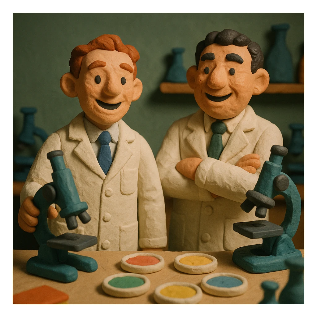 Two happy 1940s male scientists wearing white lab coats over a suite in their science laboratory full of microscopes and petri dishes. sticker