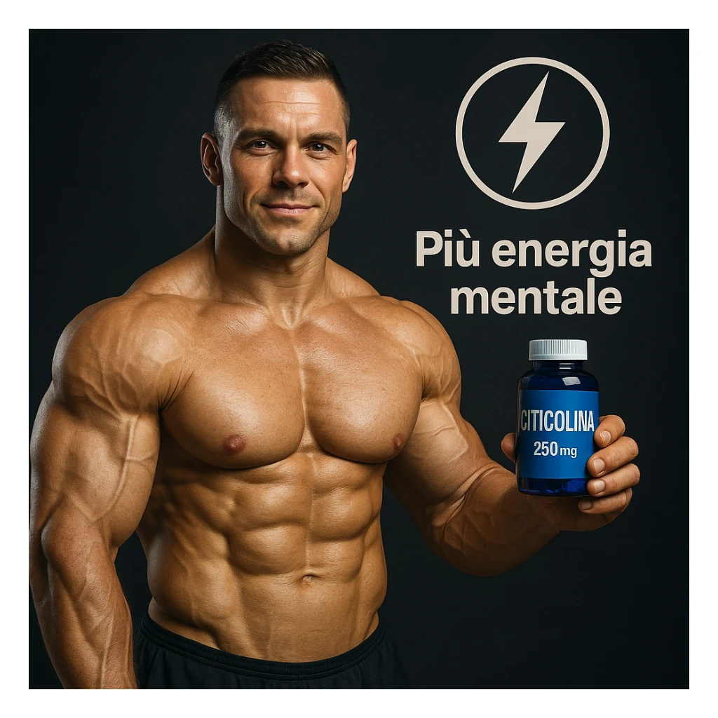 hyper realistic bodybuilder with Citicolina and energy symbol, well visible muscles, blue bottle, text 'Più energia mentale', motivational atmosphere, realistic details sticker