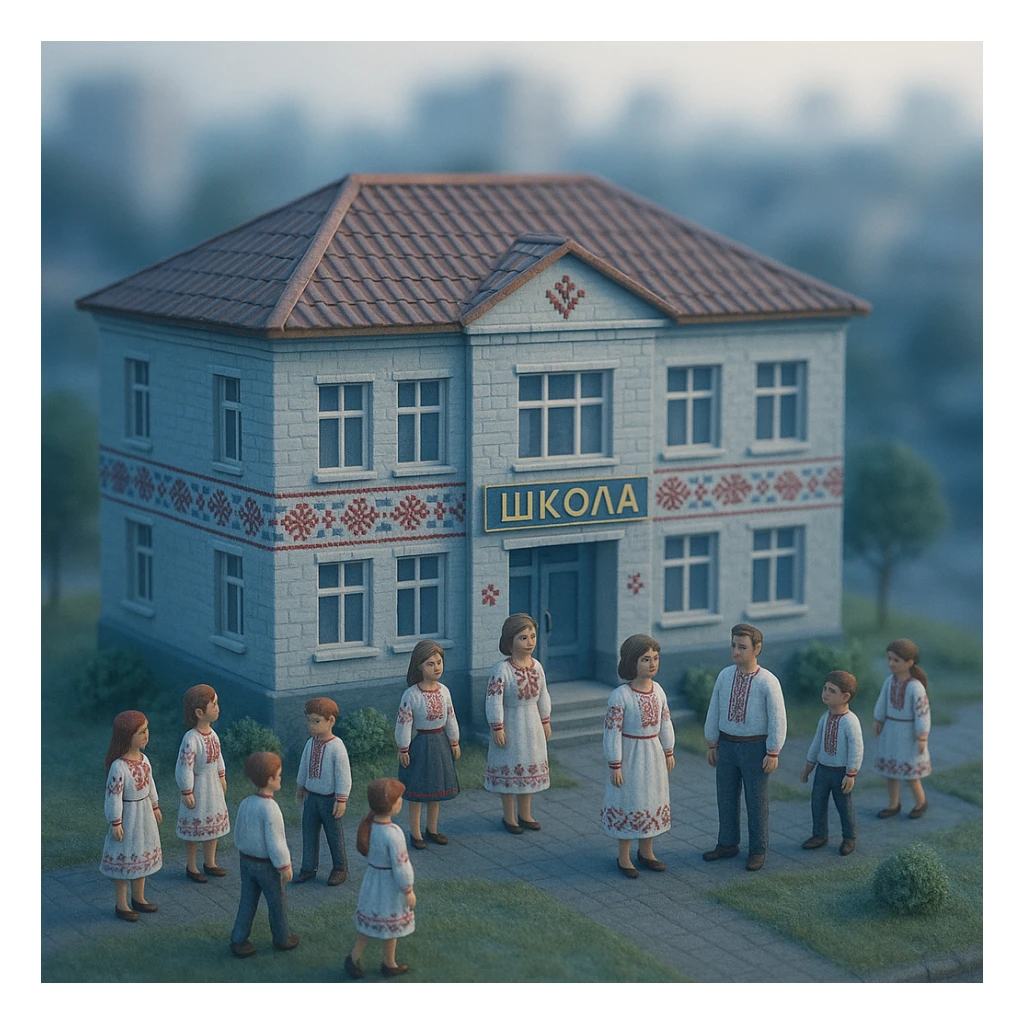 3D tilt-shift diorama of a Ukrainian school, embroidery motif, featuring students and teachers. Cool morning light, dreamy and calm mood, blurred cityscape background. sticker