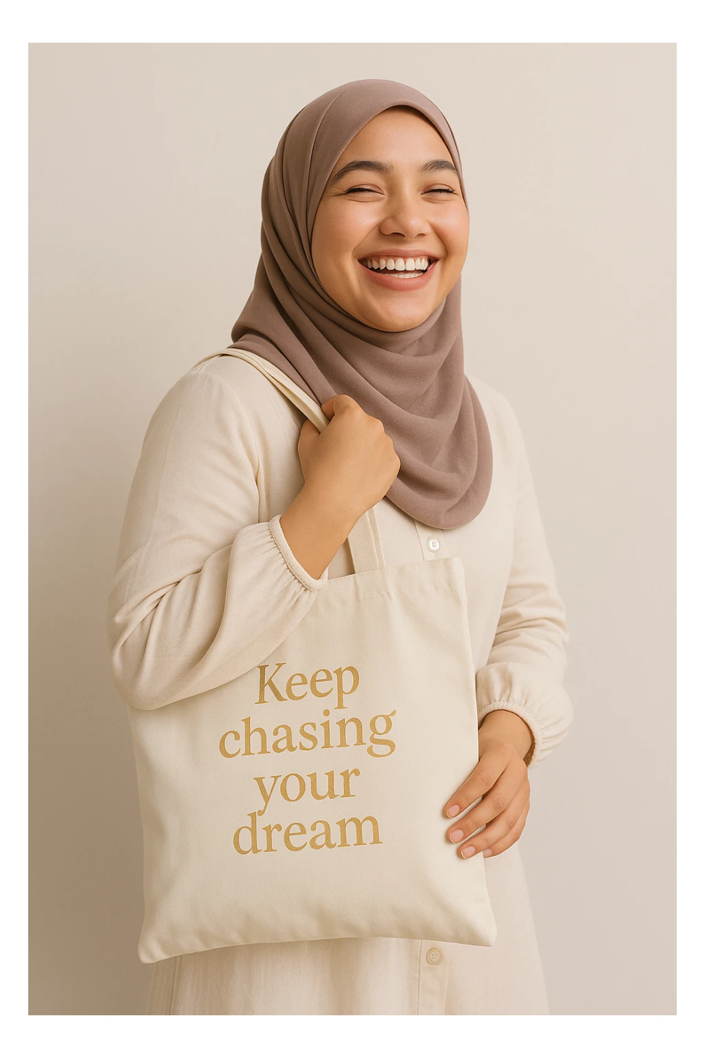 A cheerful hijabi girl, holding a tote bag with the phrase 'keep chasing your dream' written in soft gold text. She looks beautiful and happy. sticker