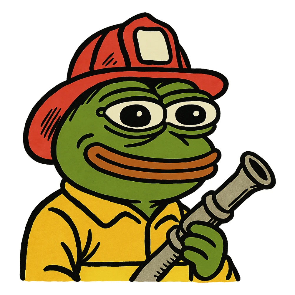 Pepe the Frog as a firefighter with helmet and hose, meme style sticker