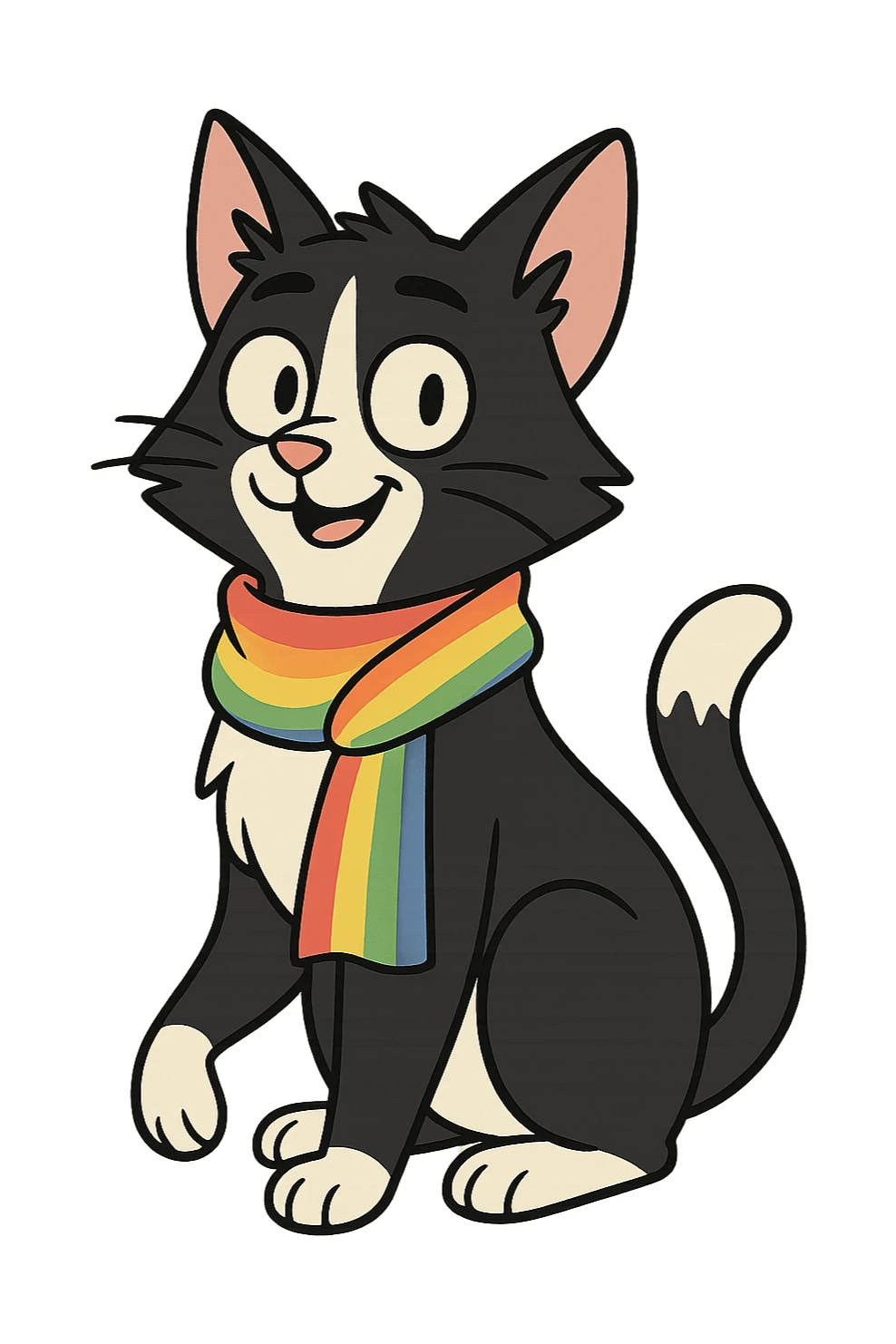black and white cat with an LGBT flag scarf, cartoon style sticker