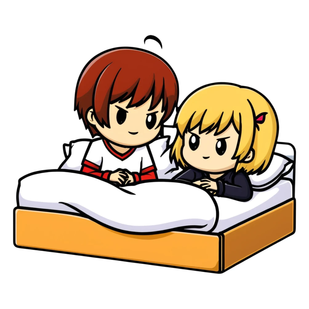 Light Yagami and Misa Amane in a bed, cartoon sticker style, close pose sticker