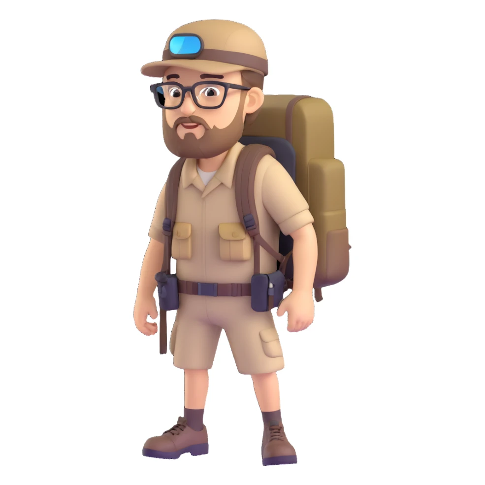 adventurer with goatee beard (no beard on cheeks), short hair, glasses, backwards military tan cap and backpack sticker