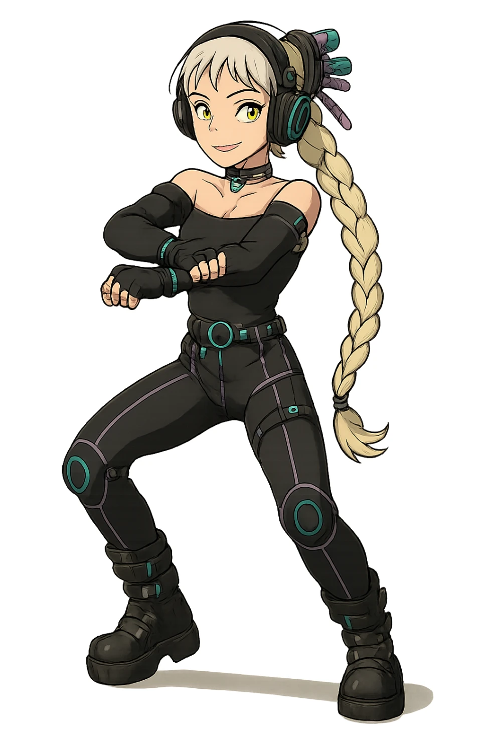 1 female, gold yellow eyes, long white braid, black off shoulder top, futurepunk cybergoth doing “oppa gangnam style”  dance sticker