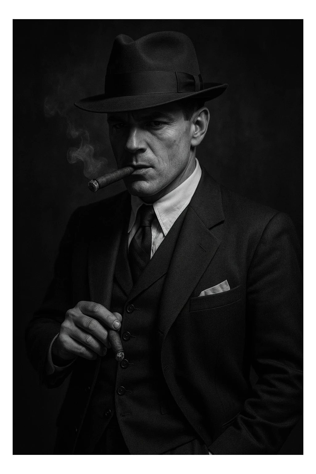 gangster character, 1920s mafia suit, fedora hat, cigar sticker
