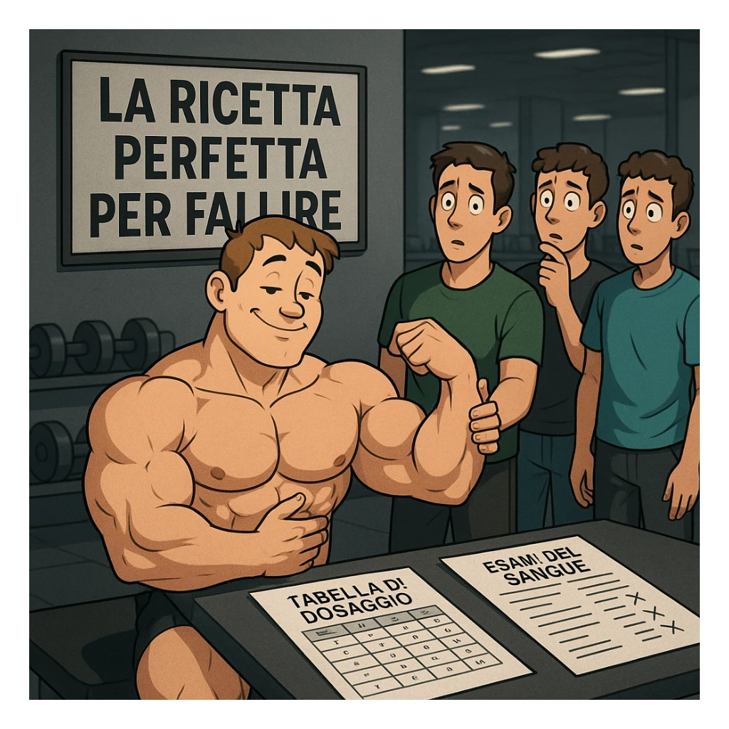 muscular bodybuilder with a naive expression, ignoring a dosage table and blood test sheets in Italian, friends in the background looking at him puzzled, touching his bicep, superficial atmosphere, gym background, sign with text 'La ricetta perfetta per fallire', 4K quality sticker