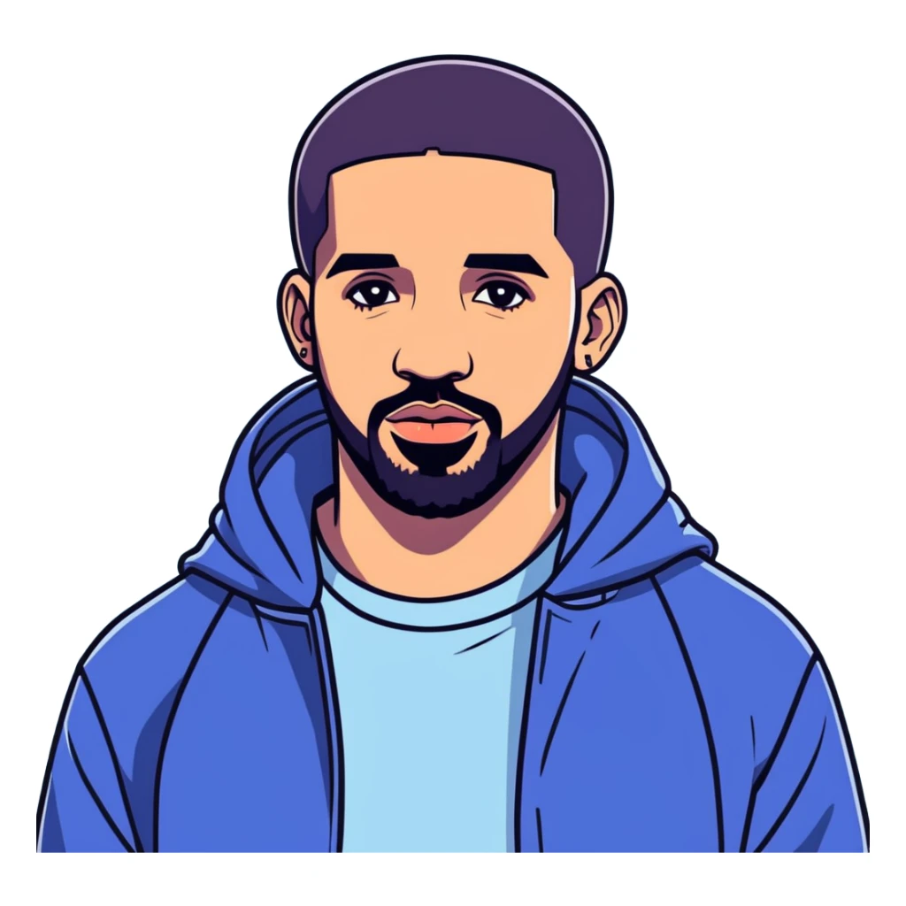 8k, 5000x5000px, 1.5wx1.5h, clean, smooth lines, no background. Canadian Celebrity, actor, rapper, digital illustration of Drake sticker