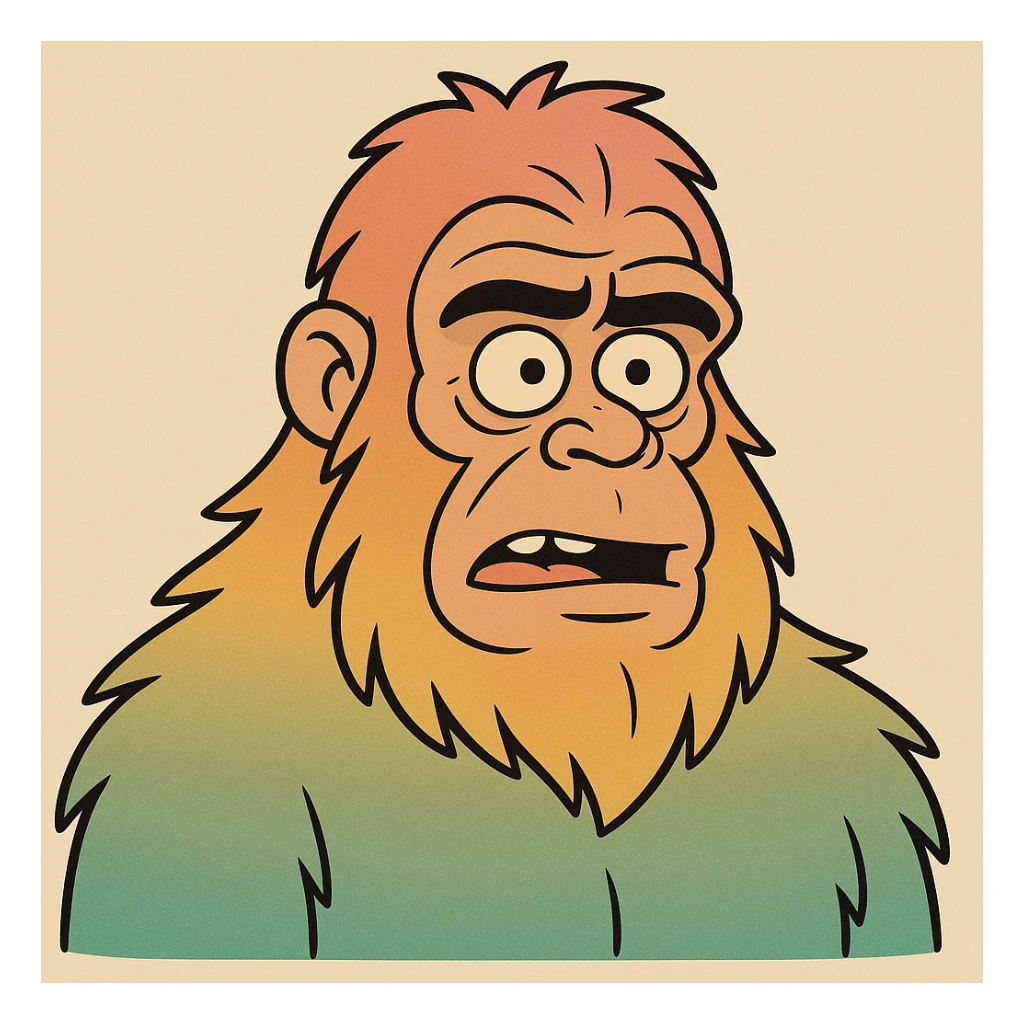 bigfoot head, cartoon, colorful gradient fur, exaggerated features sticker