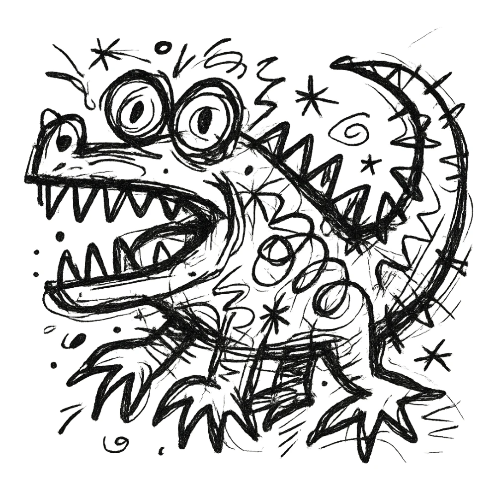 hand-drawn outlined crocodile with a quirky, chaotic design sticker