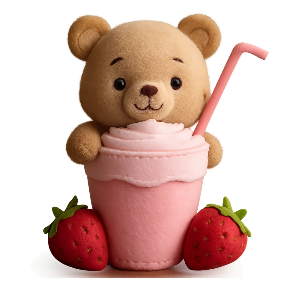 Remove the cherry blossom flowers, keep the cute bear peeking from a strawberry milkshake cup with a straw, two strawberries, pastel colors, soft shadows, clean minimal aesthetic, 3D iOS style, with no background. sticker