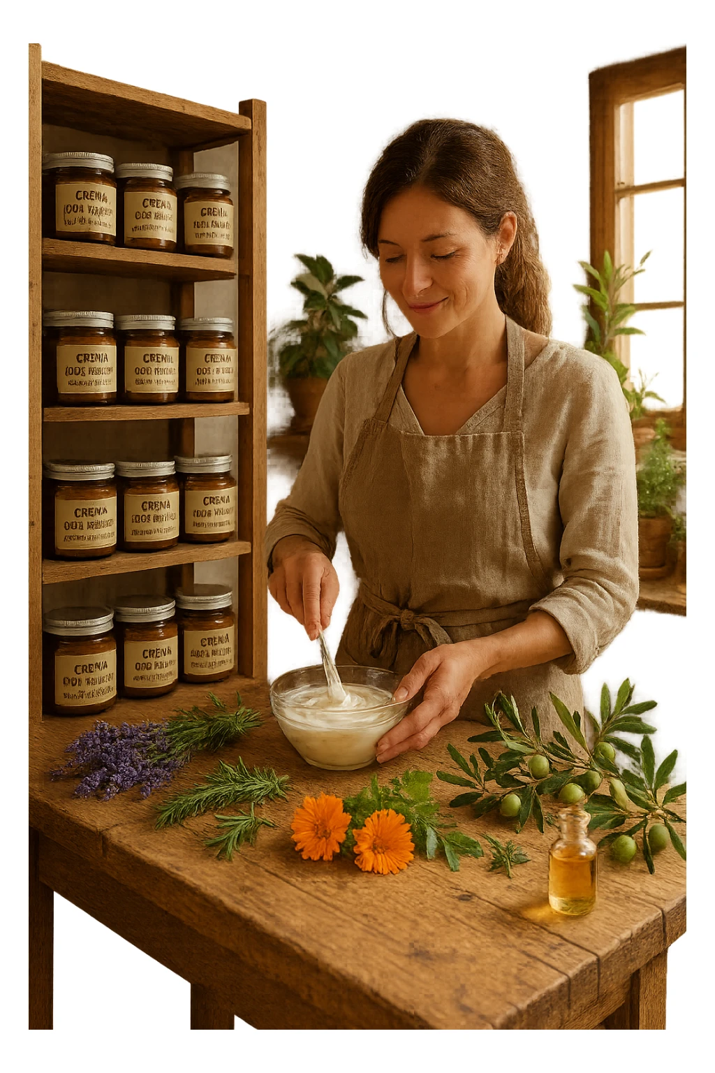 A realistic, high-quality photo of a small artisan skincare laboratory in Italy, with wooden shelves displaying beautifully packaged glass jars of natural creams made with herbal and botanical extracts, olive oil, and essential oils, clearly labeled ‘100% Natural’ and ‘Artisan Made in Italy’. The scene includes a bright, sunlit rustic workspace with plants, fresh lavender, rosemary, calendula flowers, and olive branches on the wooden counter, symbolizing purity and nature. A female artisan in a linen apron is carefully mixing creams in a glass bowl, smiling softly. The environment feels warm, authentic, and eco-friendly, emphasizing the concept of handcrafted skincare without synthetic chemicals sticker