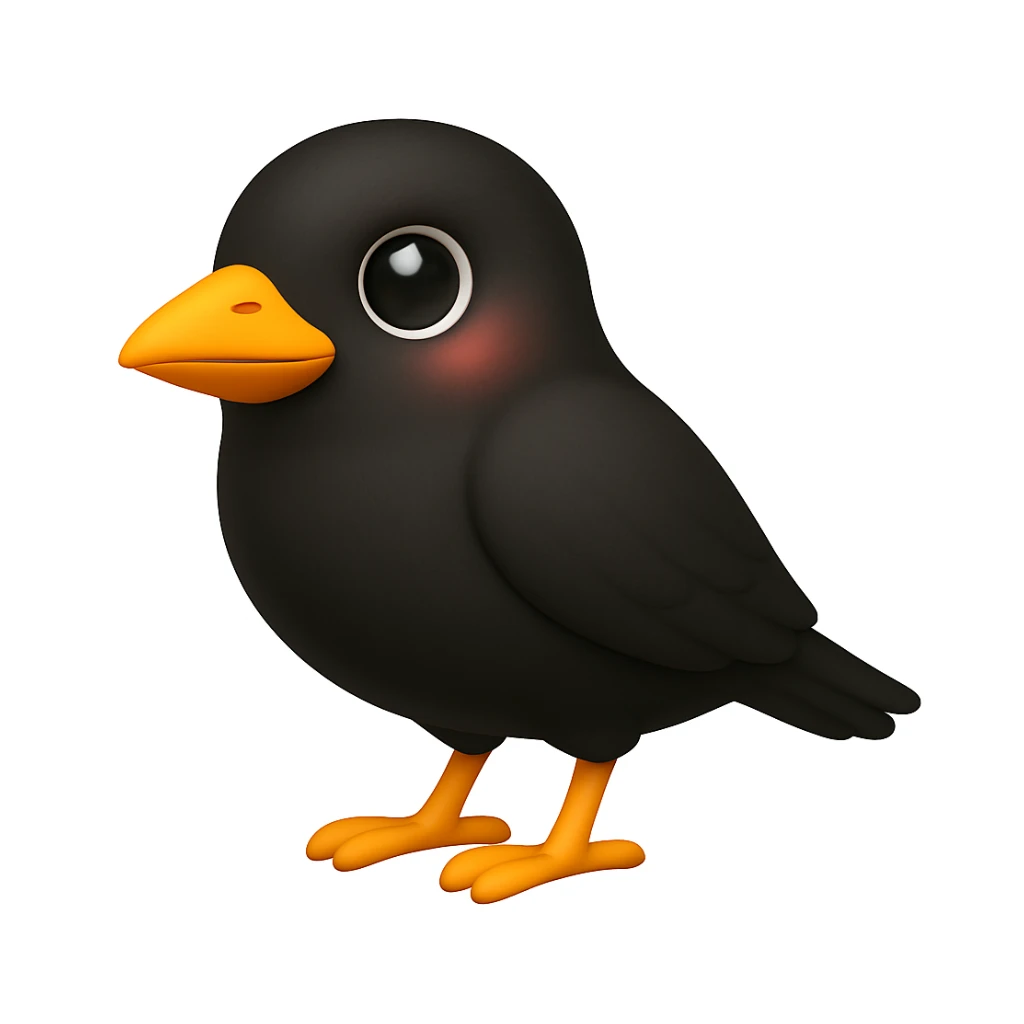 Keep the bird face exactly like the reference image but show the whole body in iOS emoji style. Same face, color, and expression, smooth and shiny, standing bird pose. Add a slight blush to the cheeks. sticker