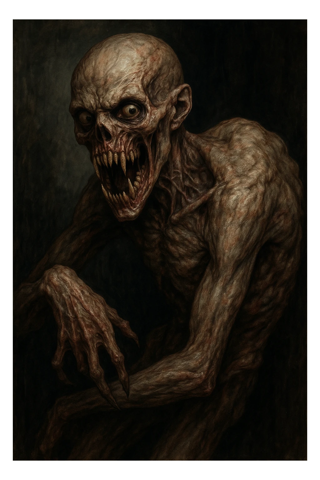 a terrifying monster, realistic, twisted body, exposed fangs, unsettling expression, horror realism sticker