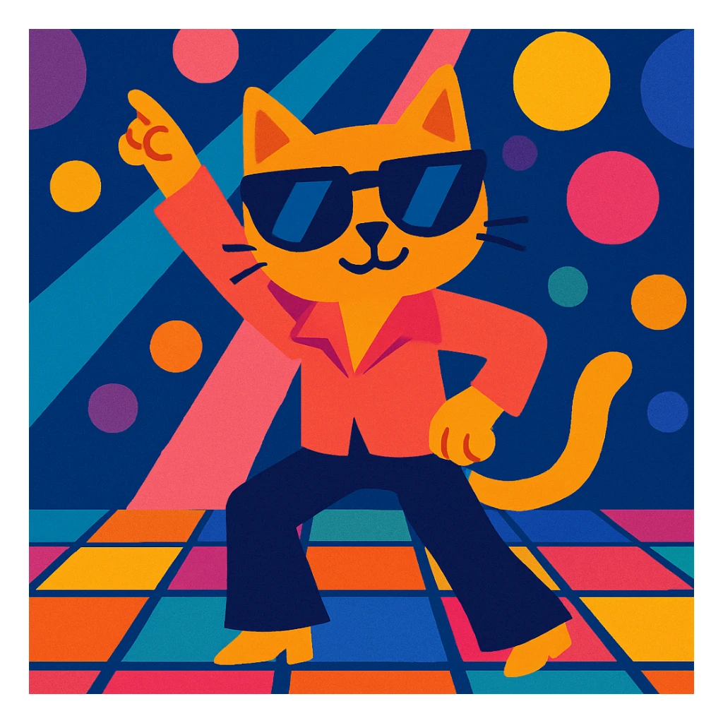 disco cat, wearing sunglasses, groovy pose, colorful lights sticker