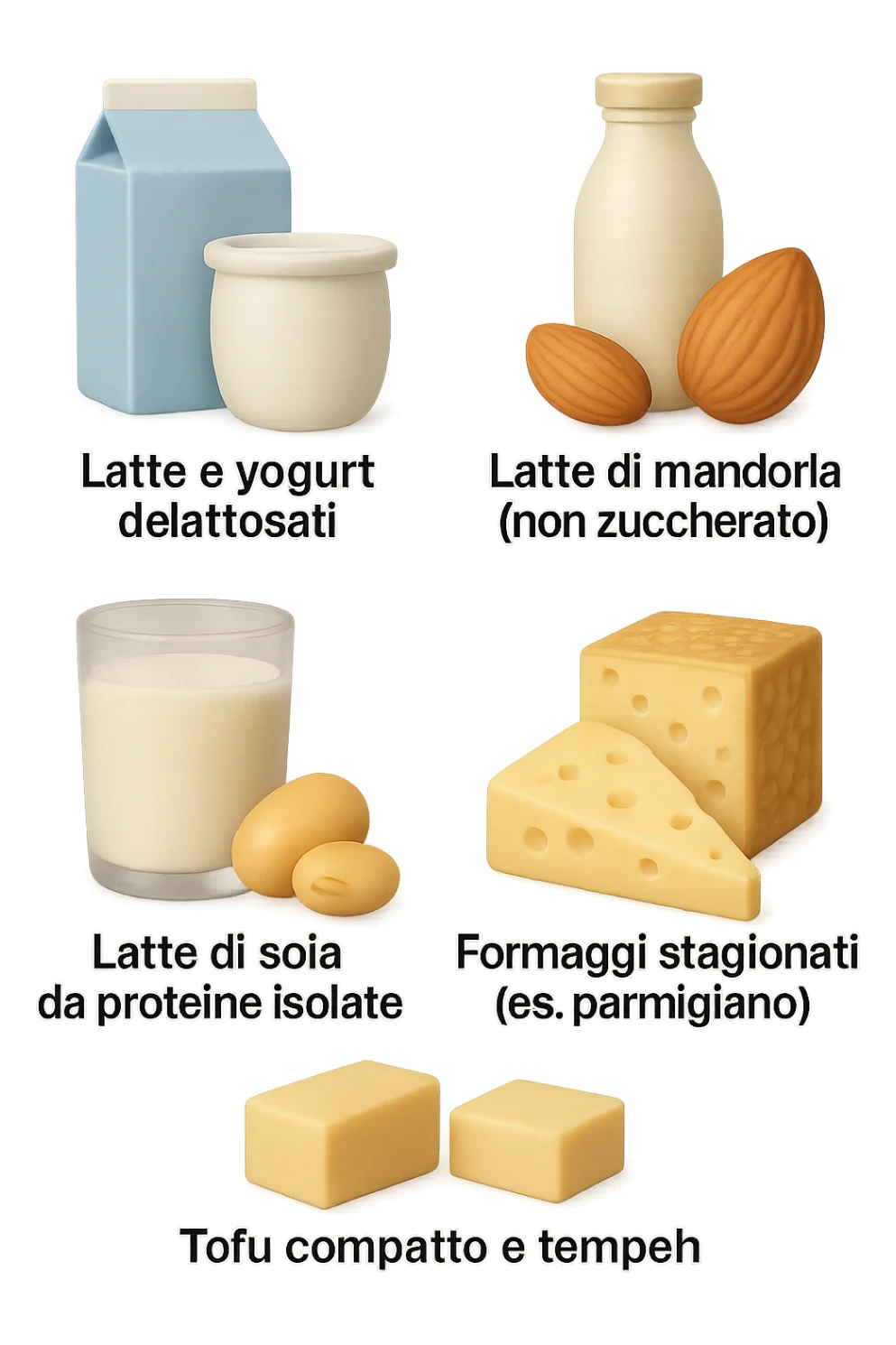 emoji stile iphone 3d di questi elementi che fluttuano in aria:

Latte e yogurt delattosati
Latte di mandorla (non zuccherato)
Latte di soia da proteine isolate
Formaggi stagionati (es. parmigiano)
Tofu compatto e tempeh
 che fluttuano in aria,  le etichette scrivile in italiano, iperealistico 4k sticker