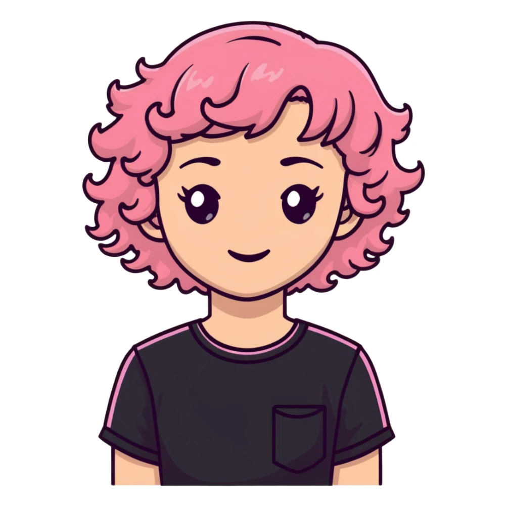 crie uma menina com cabelo cacheado castanho e mechas rosas, com um franja lisa bem pequena e uma blusa preta, a menina tem pele clara e olhos castanhos sticker