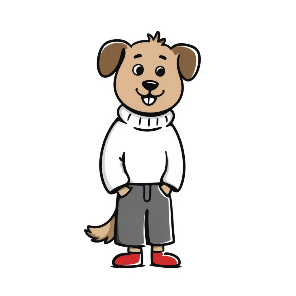 Brown dog standing upright with hands in jean pockets, wearing a white sweater and red shoes sticker