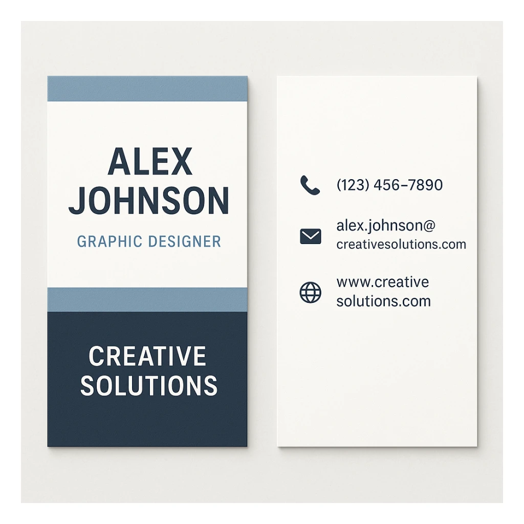 A modern and professional business card for Alex Johnson, Graphic Designer at Creative Solutions. The card should include the name, job title, company name, phone number (123) 456-7890, email alex.johnson@creativesolutions.com, and website www.creativesolutions.com. Use a clean, modern design with a professional color scheme. The card should have a vertical layout. sticker