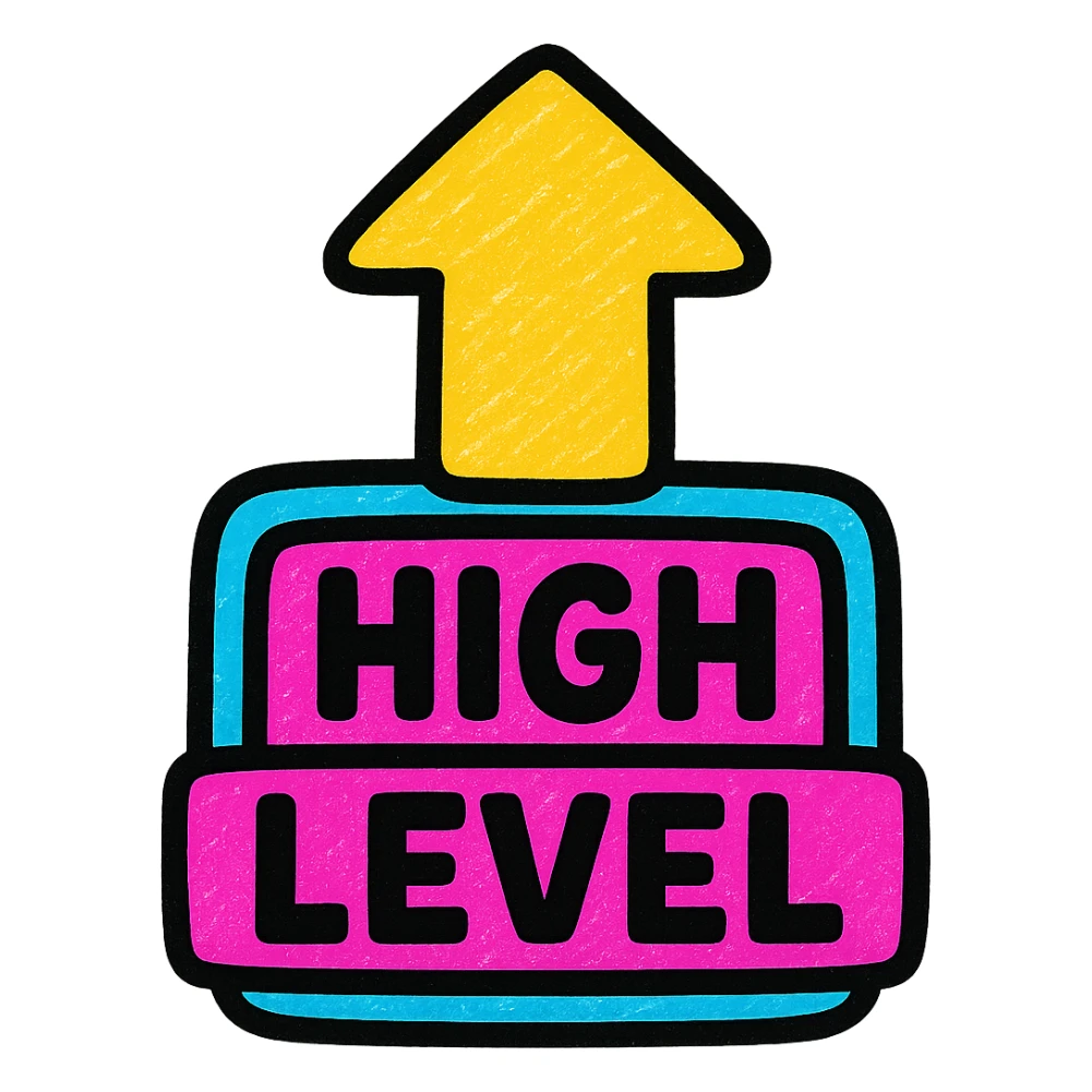 up arrow symbolizing high-level task, bold and colorful style sticker