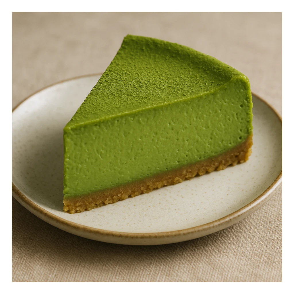 a slice of matcha cheesecake, vibrant green color, creamy texture, appetizing, on a small plate sticker