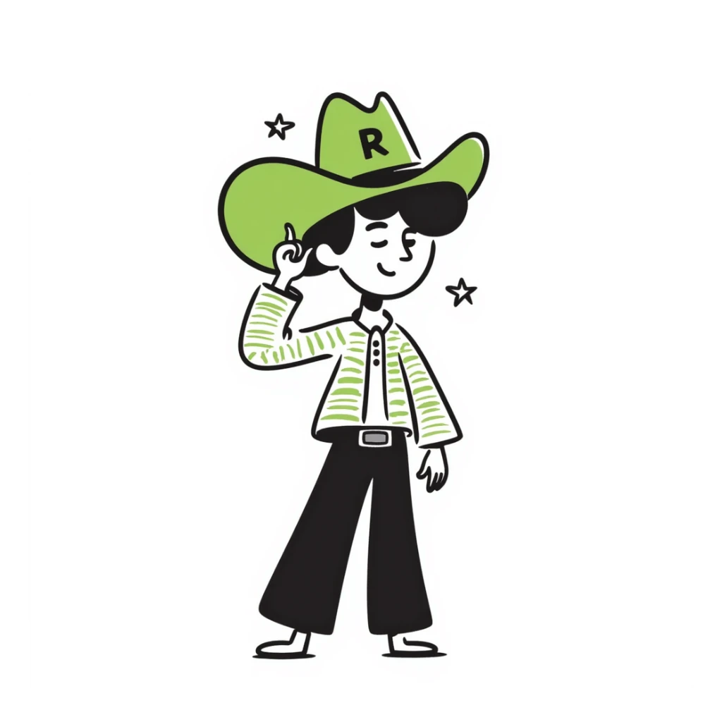 Cowboy wearing green hat with letter R on it sticker
