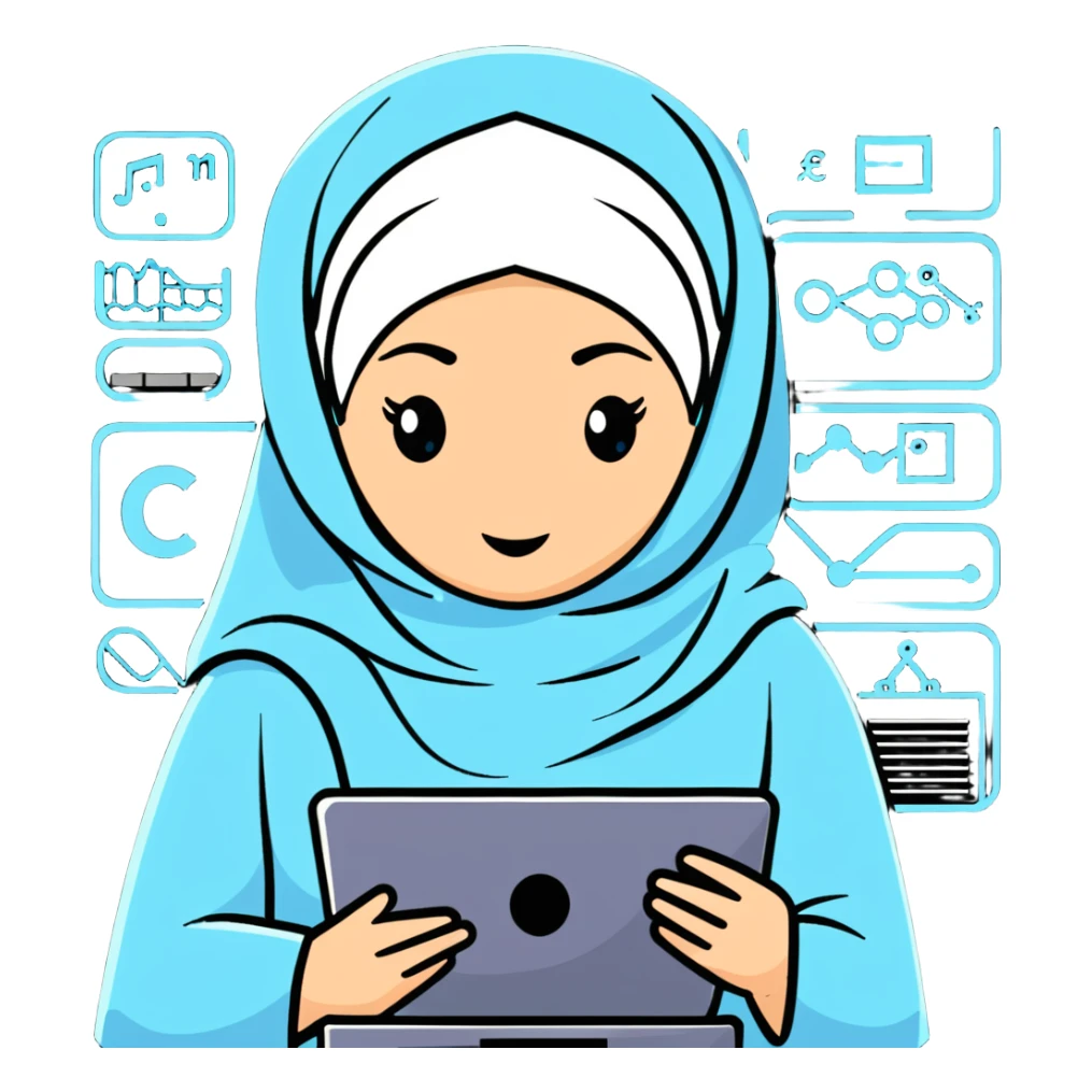 computer science woman with white hijab in blue outfit, with floating code elements, programming syntax, algorithms visualization, database schemas, software design patterns, command line interfaces, binary trees, and computational formulas surrounding her sticker
