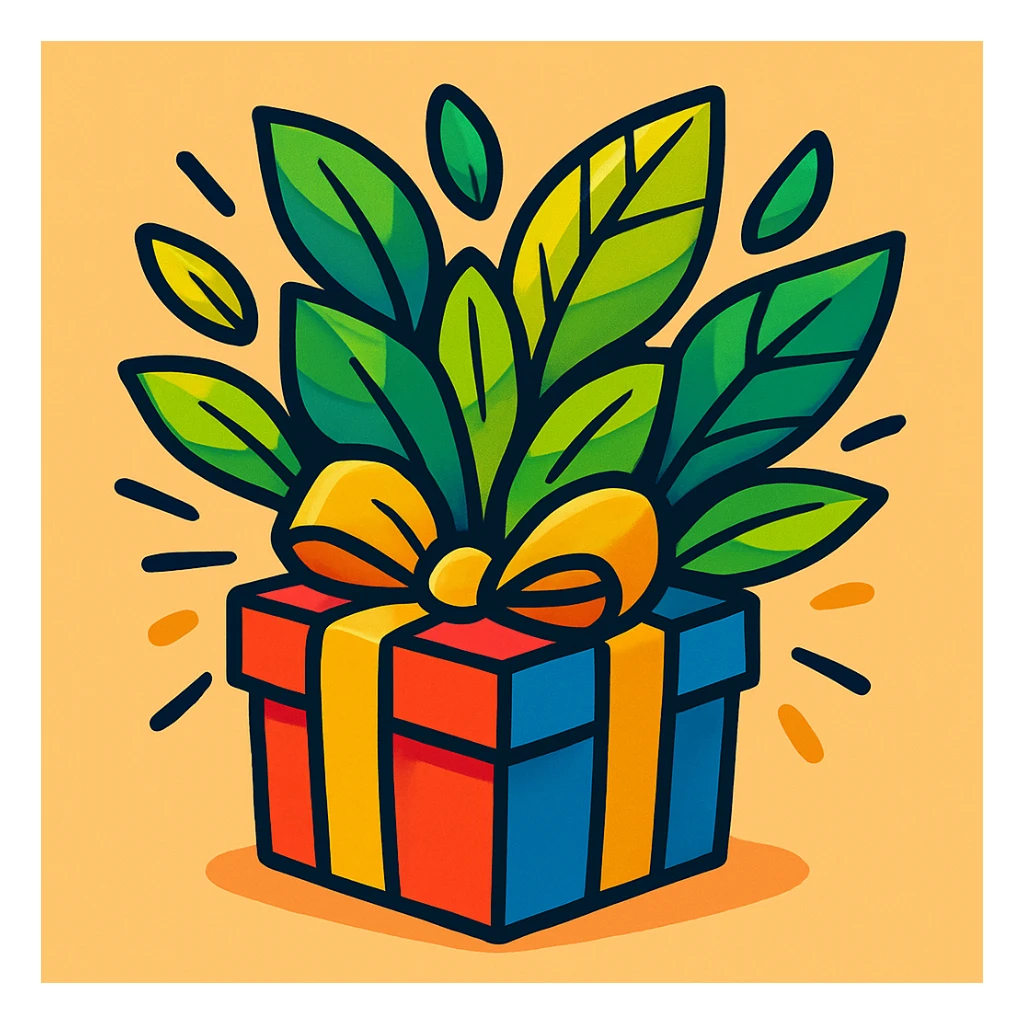 leaves bursting out of a gift box, vibrant and lively sticker