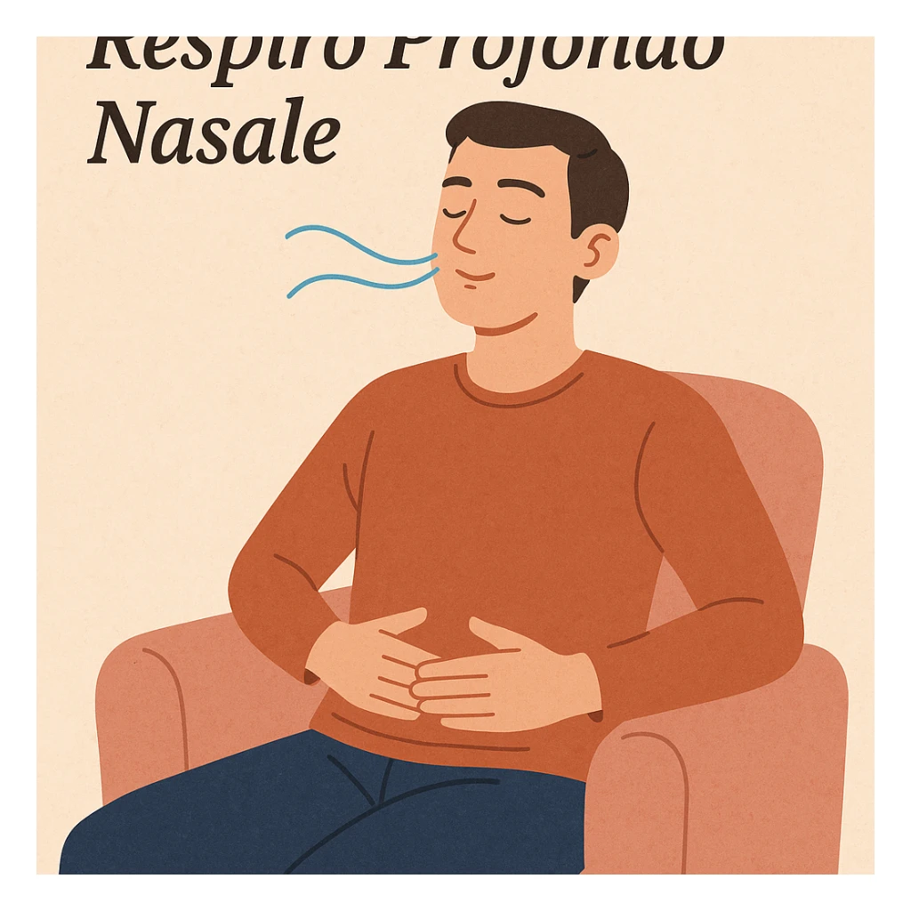 person sitting relaxed with hands on abdomen practicing deep nasal breathing, caption in Italian sticker