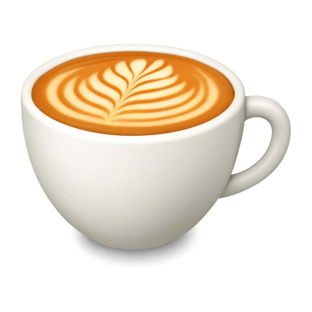 Create a cappuccino cup emoji exactly like the reference image but without the face. The cup should be white with latte art on top, smooth and shiny, with a soft shadow added, in the style of iOS emojis. sticker