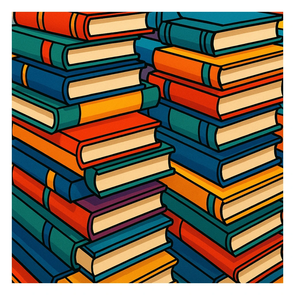 many stacked books, illustrative style, detailed, artistic sticker