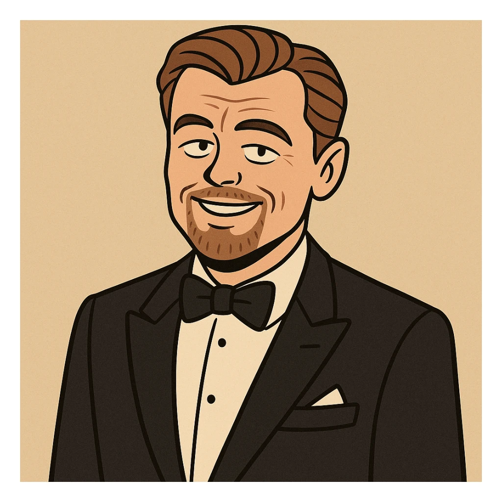 Leonardo DiCaprio in cartoon style, classic tuxedo, charming smile sticker