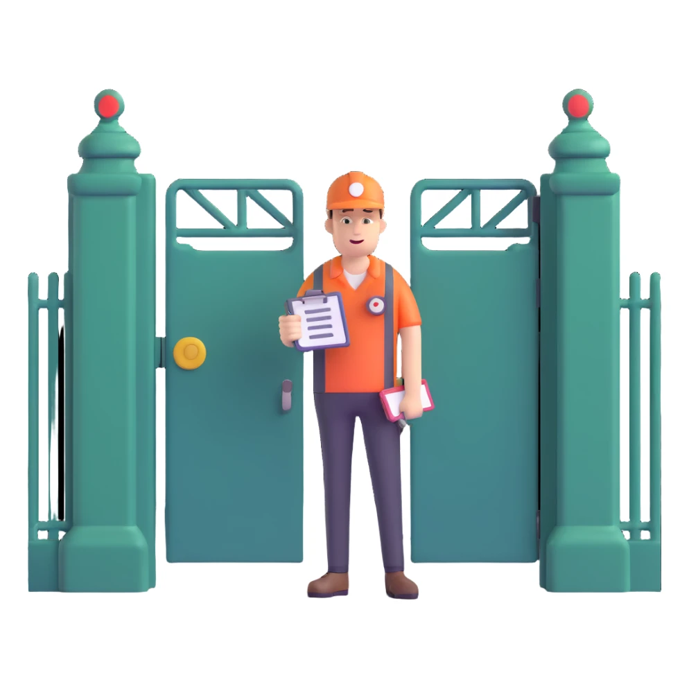 person with a whistle and clipboard standing in front of a closed gate, blocking entry sticker