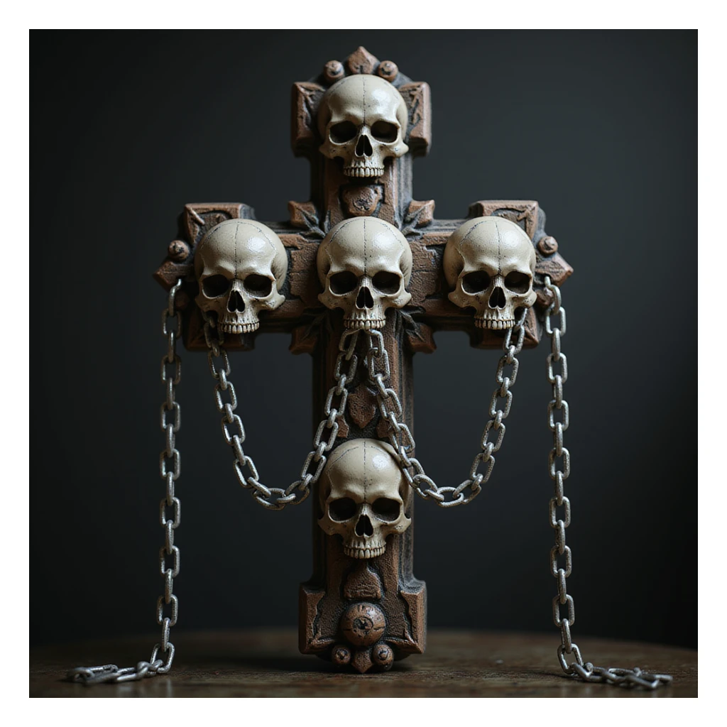 realistic gothic cross, with skulls and chains, photorealistic style sticker