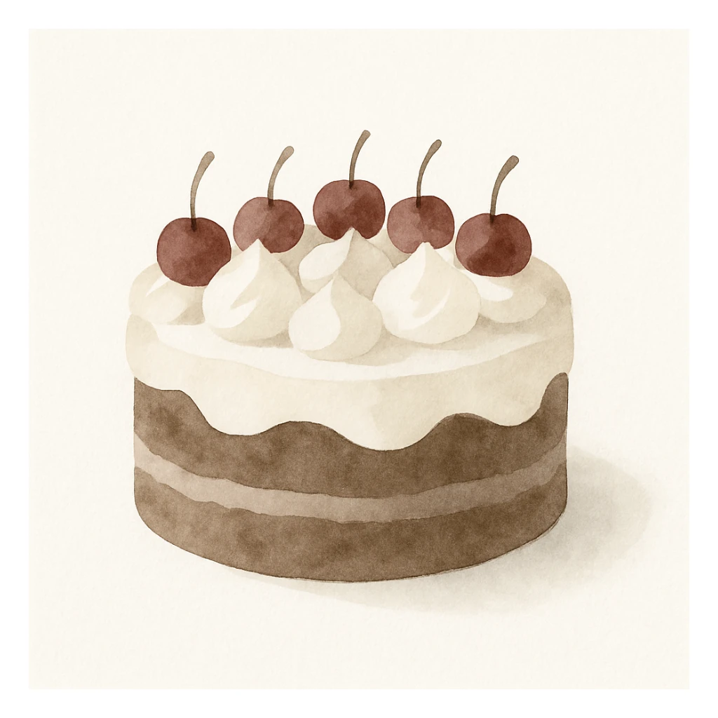 black forest cake, watercolor style, soft brush strokes, chocolate, cream, cherries, artistic and elegant sticker