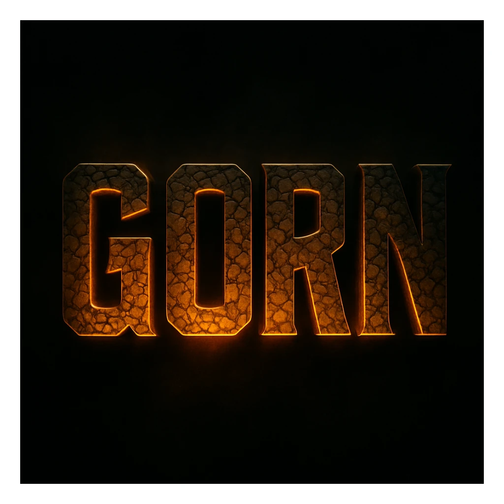 The word 'GORN' in a bold, sci-fi inspired font, with a lizard or reptilian texture, evoking the Star Trek Gorn character, in a dramatic style. sticker