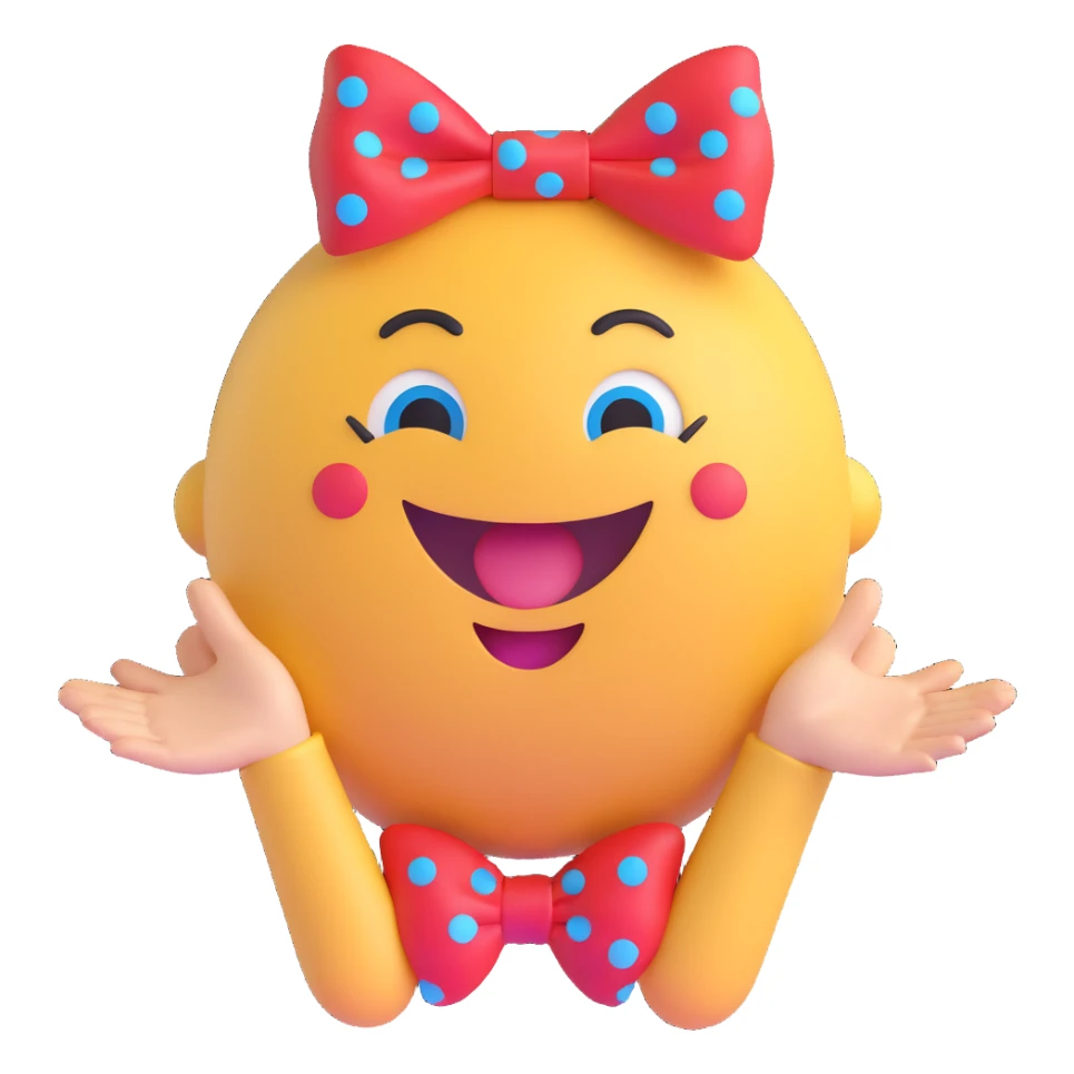3D smiley emoji, large eyelashes, red polka dot bow, waving with two hands, laughing, blue eyes, cute style sticker