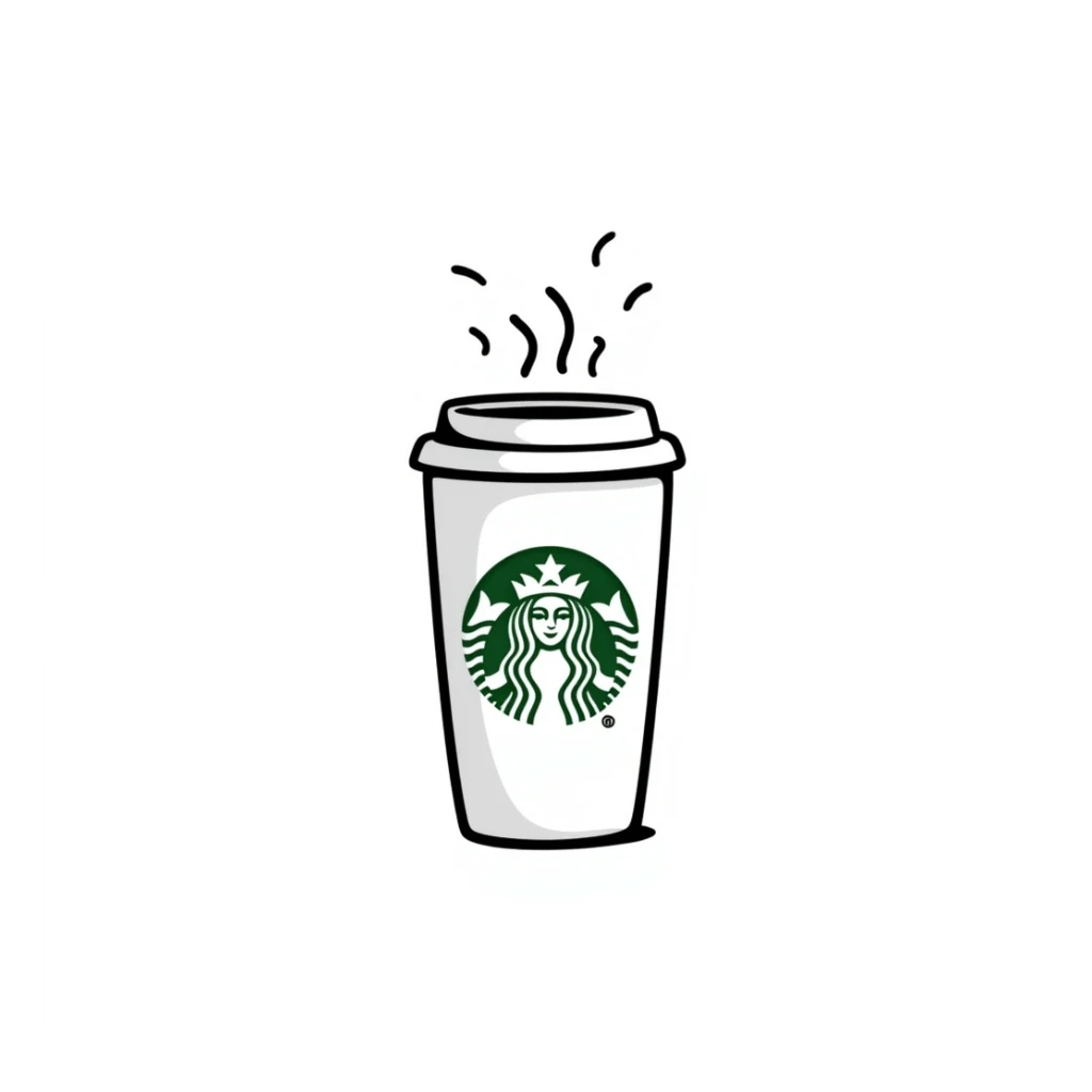 Starbucks coffee cup, hand drawn style, playful, with steam, green logo sticker