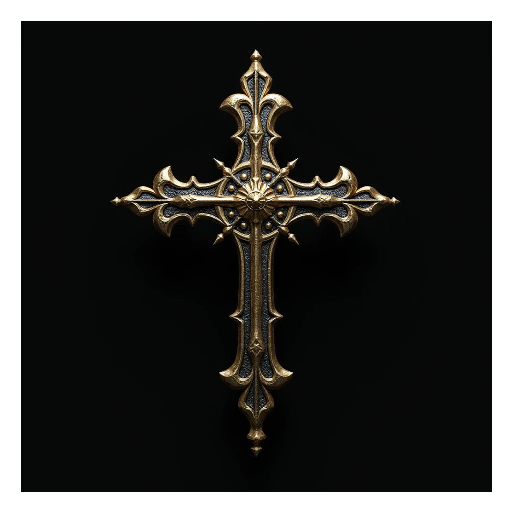 realistic gothic cross, gold and black, photorealistic style sticker