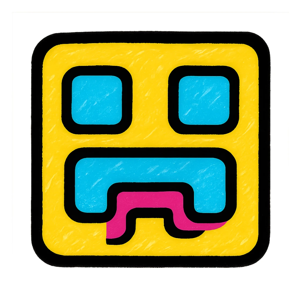 Geometry Dash inspired emoji, yellow cube with blue eyes and mouth, colorful style sticker
