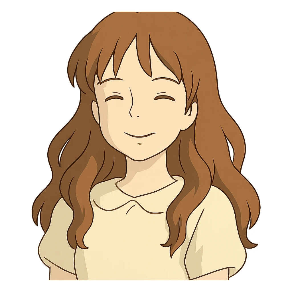 smiling girl with long, wavy hair and white skin, ghibli style sticker