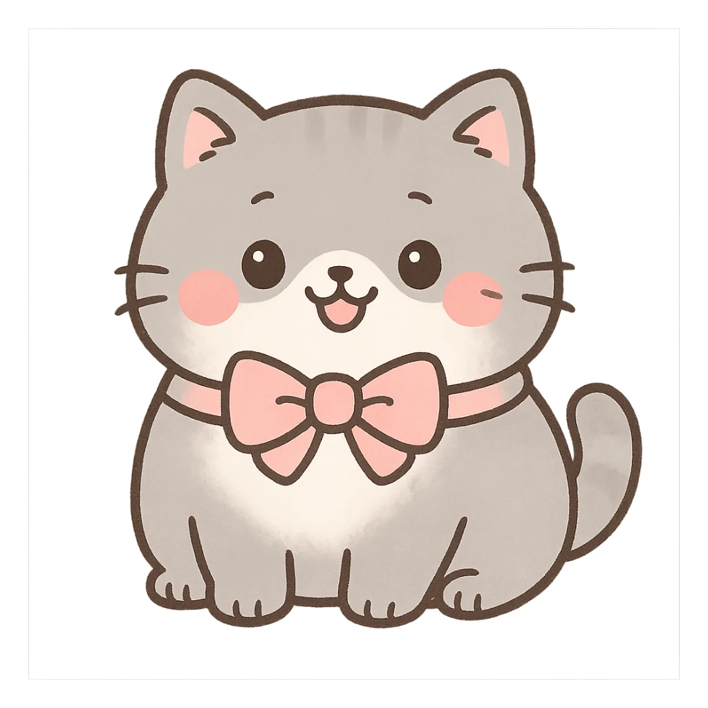 cute chubby cat with a bow, soft gray fur, happy face, kawaii style sticker