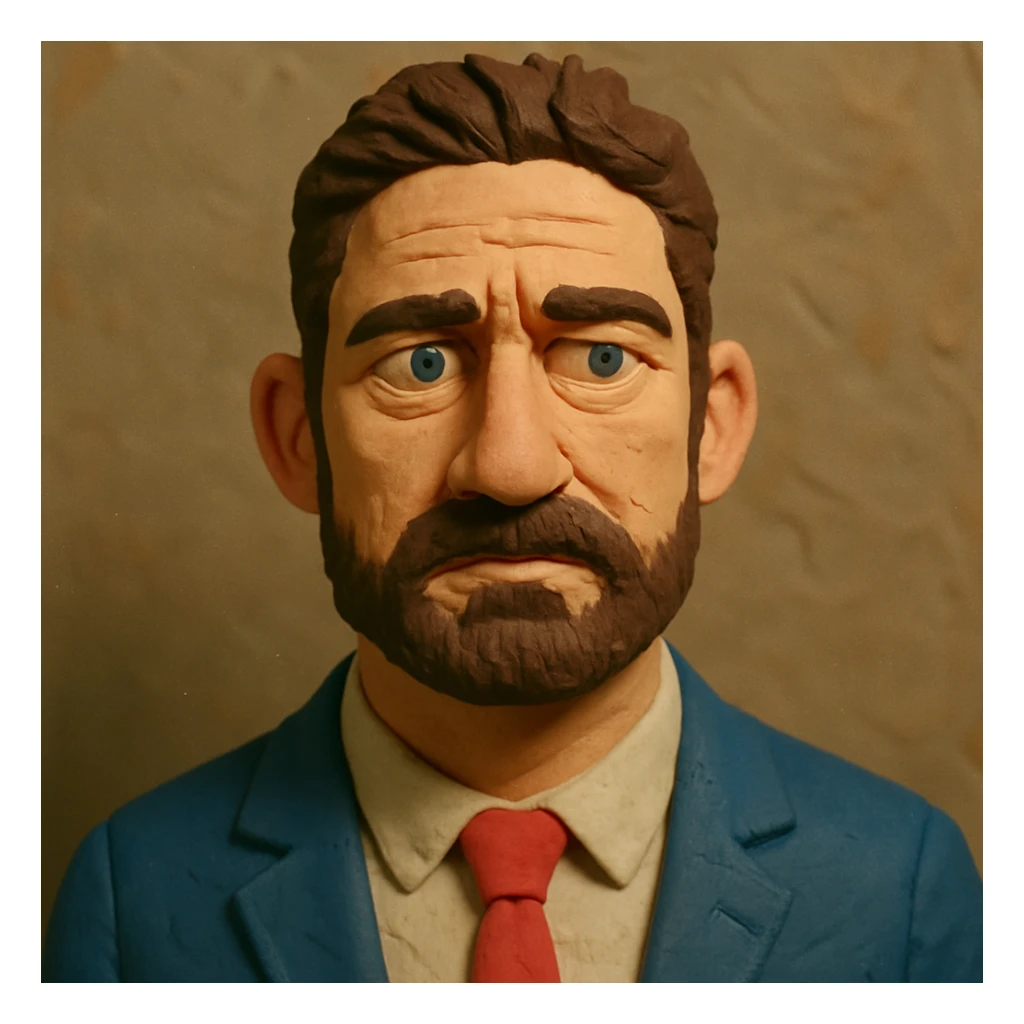portrait inspired by Gerard Butler, face narrower and forehead slightly larger, claymation style, slightly different expression sticker