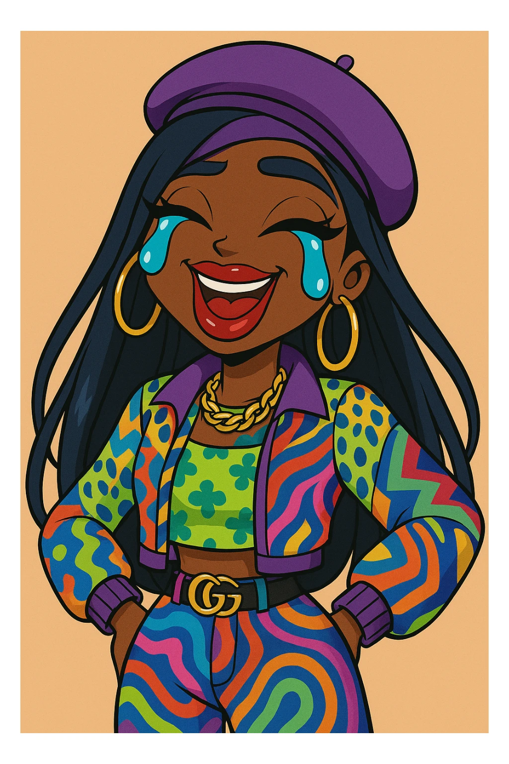 Change her outfit style to a bold, colorful fashion-forward look, keep her as a 20-year-old anime Bratz style woman with dark skin, dark hair, crying laughing expression, big expressive eyes, and glossy lips. sticker