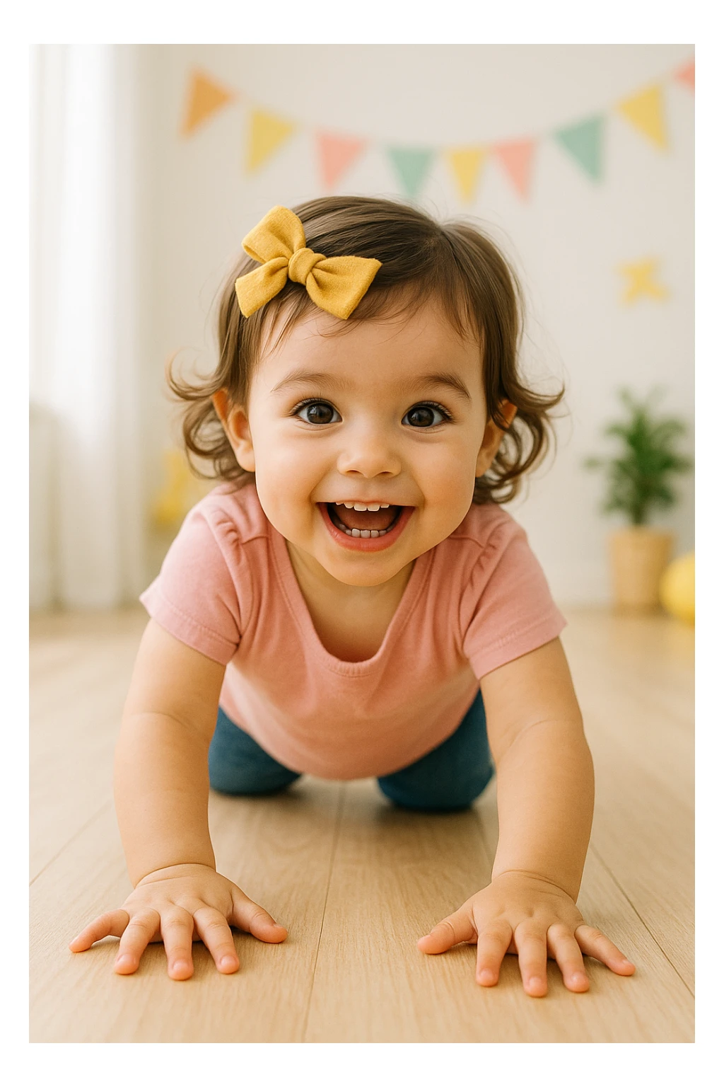 a young girl crawling toward the camera, playful, smiling, hands extended sticker